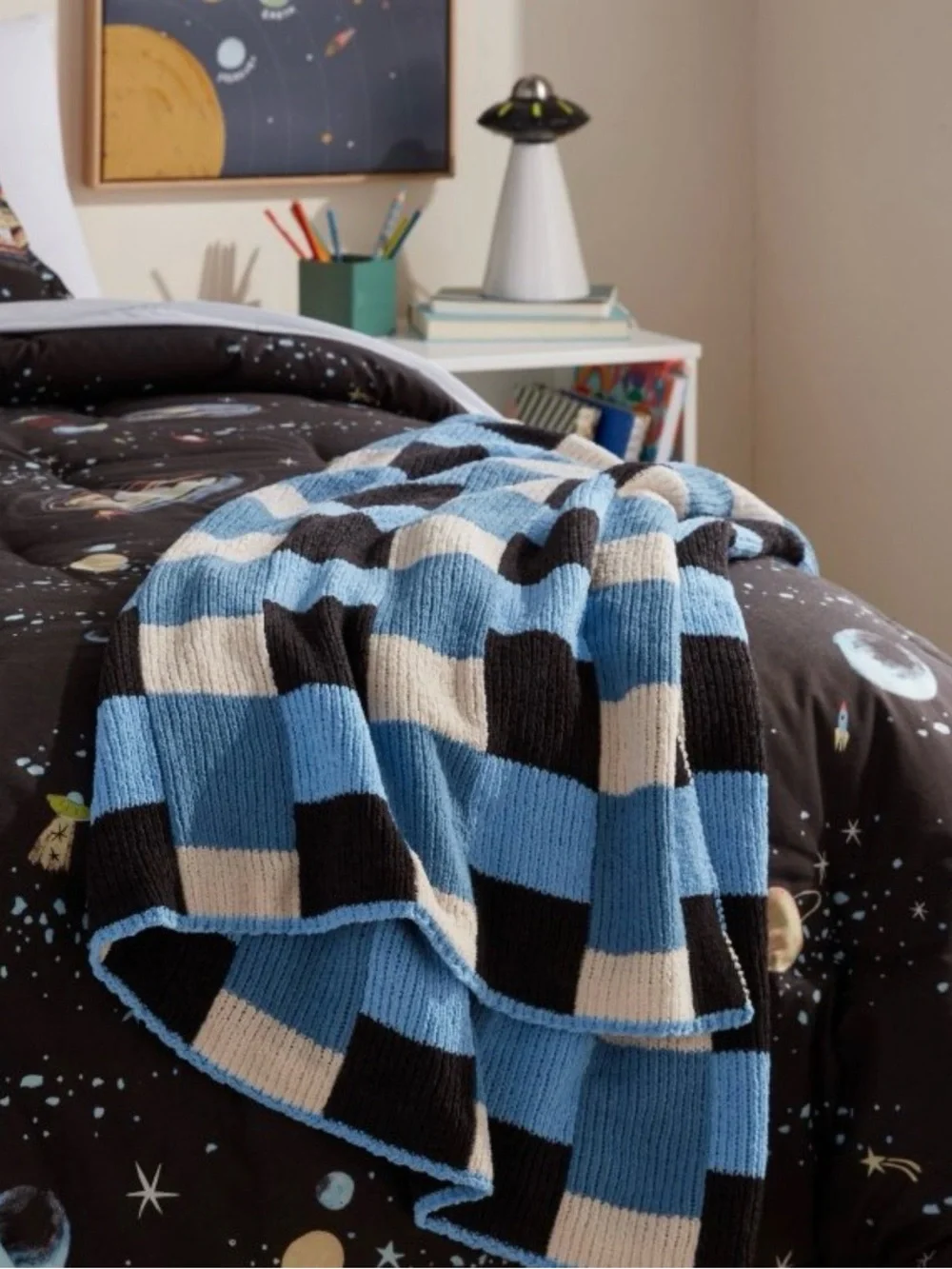 Pillowfort Blue Black Cream Checkerboard Knit Throw Blanket